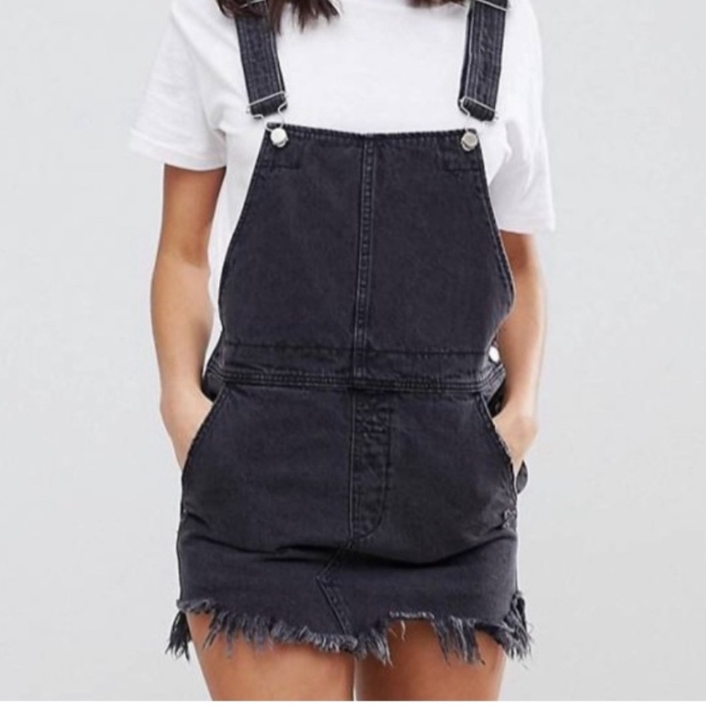 Free People NWT Distressed Black Overall Mini Dress size 2 Raw Hem